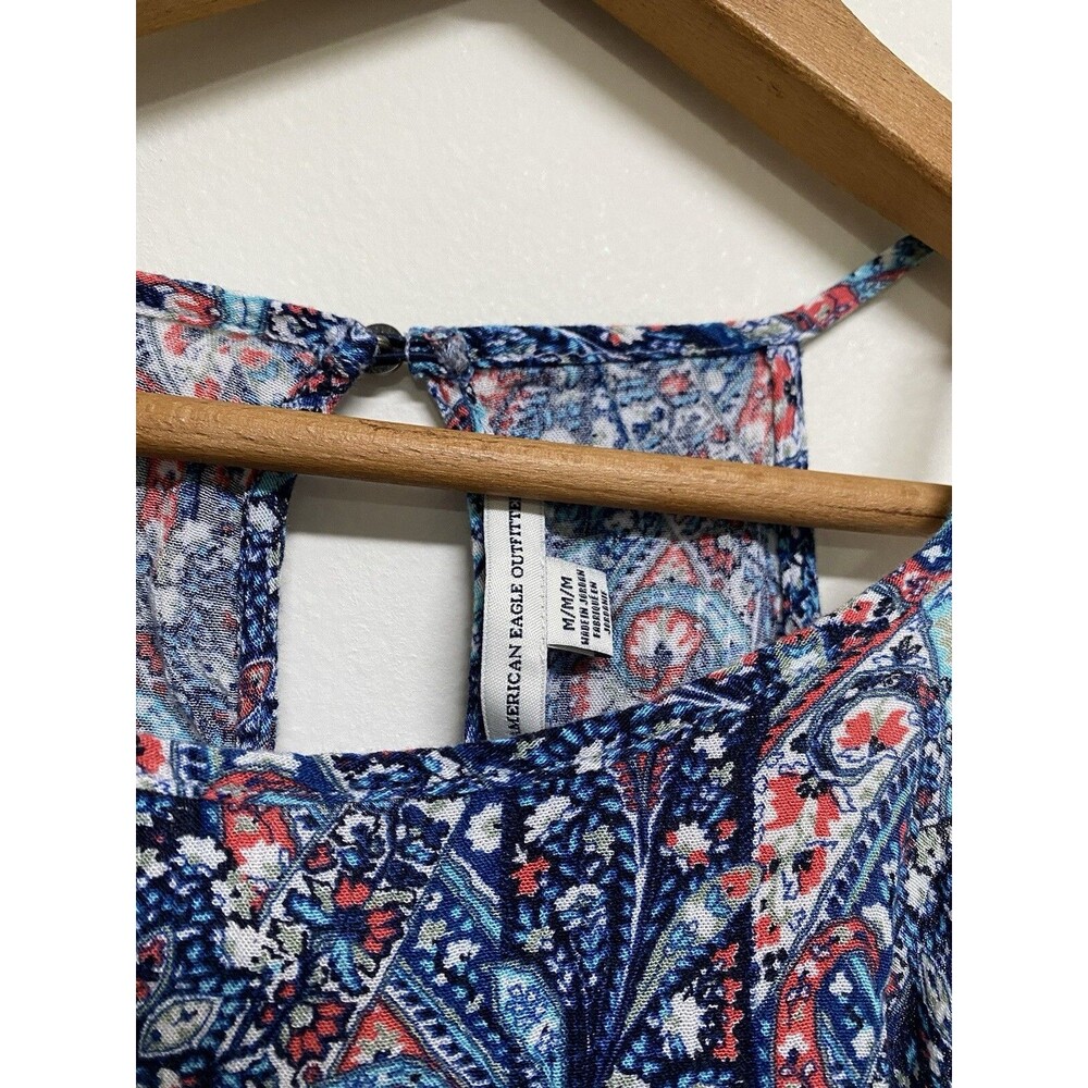 American Eagle Spaghetti Strap Blouse Women's Medium Paisley Blue Boho - Picture 3 of 8